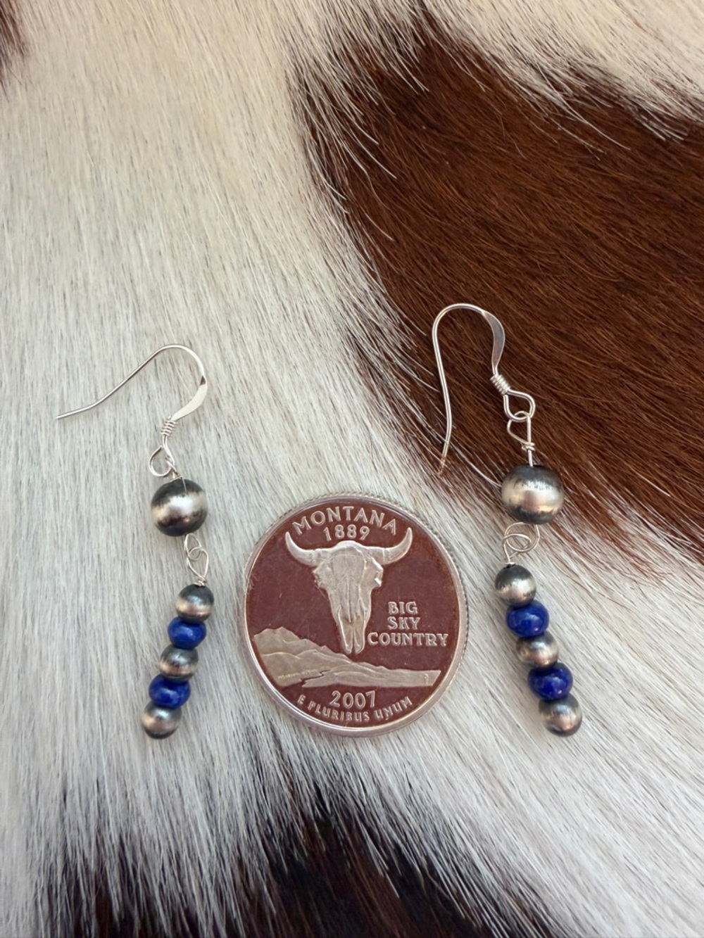 ❤️ Native Artisan Lapis Luzuli Navajo Desert Pearls Sterling Dangle Earrings USA - Picture 6 of 8